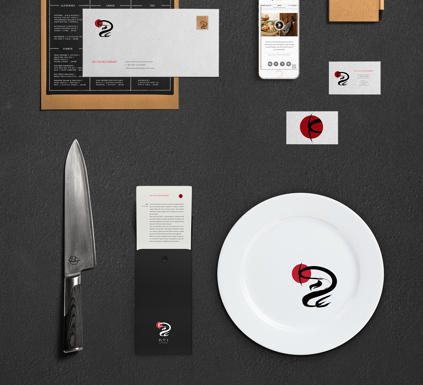 fish-restaurant-design-elegant-japanesse-black-red-white-branding-identity-business-card-food-plate-folder-envelope-glass-menu-logotype-presentation-process-bistro-2